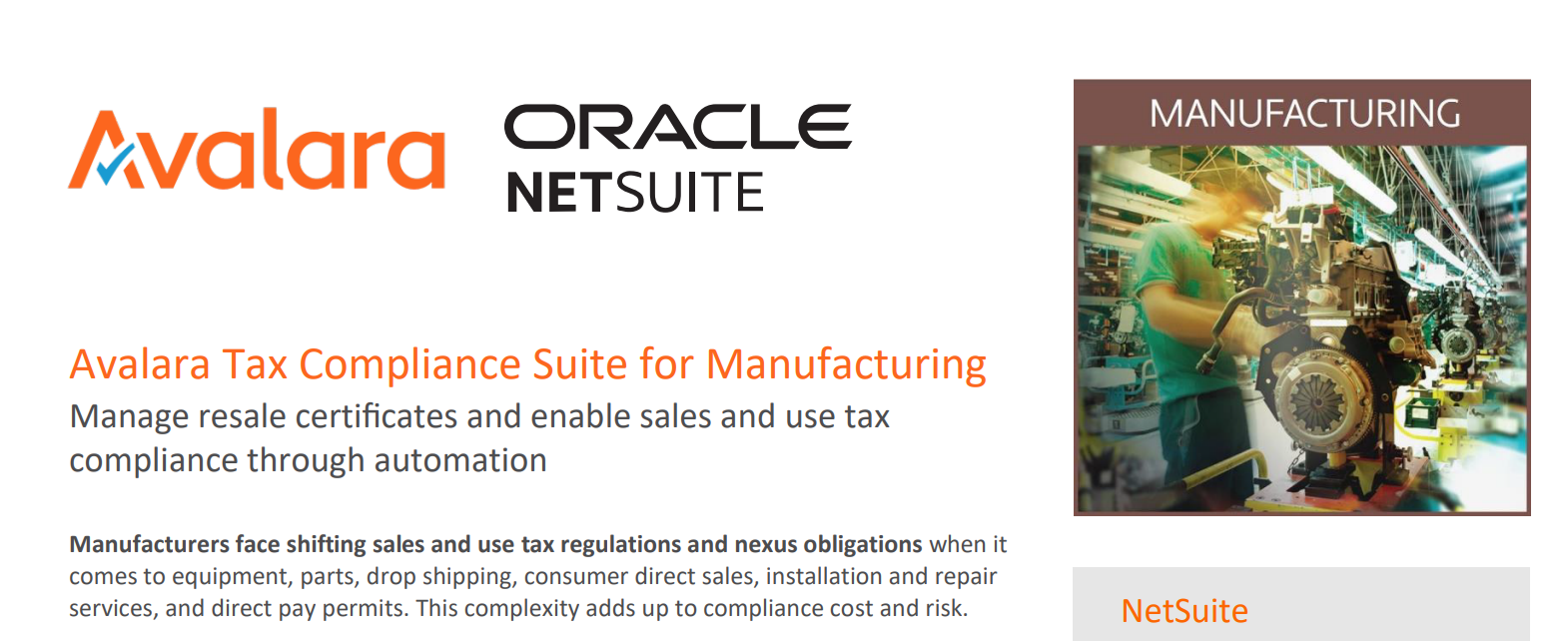 Avalara Tax Compliance Suite for Manufacturing NetSuite 